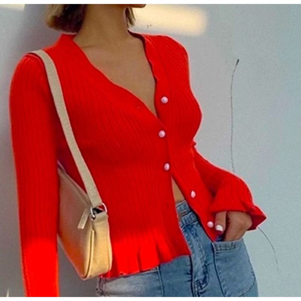 Commense Red Ribbed Button-Up Cardigan - Picture 10 of 10